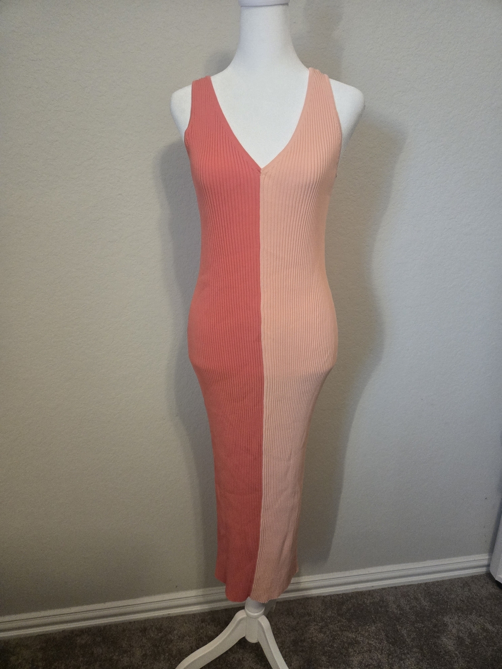 STAUD Two-Tone Coral & Peach Ribbed V-Neck Maxi Dress
